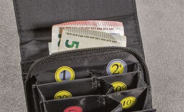 Ansicht auf die ausgeklappte Geldbörse.