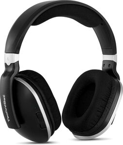 Seitliche Ansicht auf die Kopfhörer mit breitem schwarzen Kopfbügel.