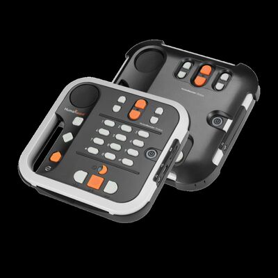 Ansicht auf das Gerät in Schwarz mit grauen und orangenen Tasten.